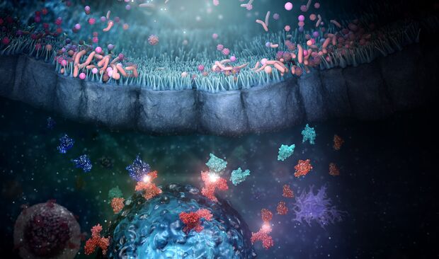 Komplexe Wechselwirkungen zwischen verschiedenen Signalwegen bei immunvermittelten Krankheiten, wissenschaftliche Illustration von AstraZeneca